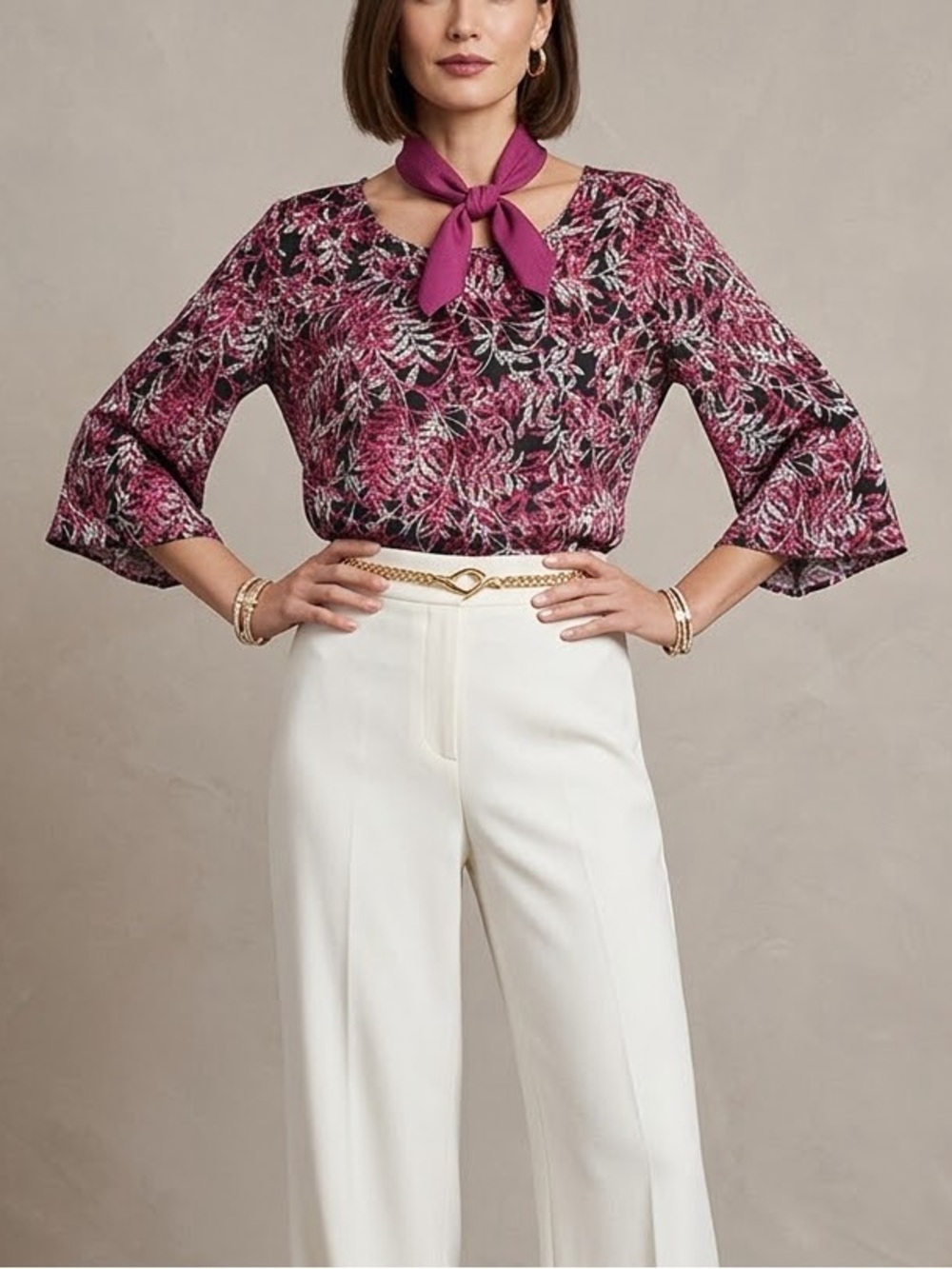 Roz & Ali Blouse Womens Large Pink Black Fern Print Bell Sleeve Excellent Boho L